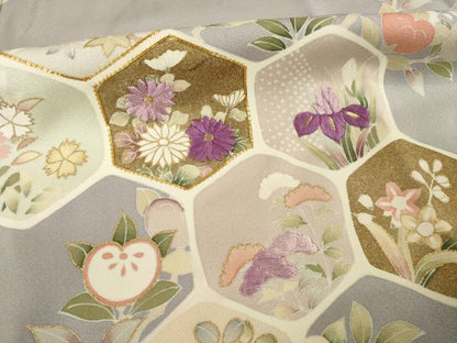 平和屋着物●京の名門　じゅらく謹製　帝王紫　訪問着　駒刺繍　亀甲枝花文　金彩　正絹　逸品　AABG3660ck