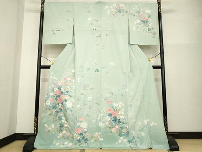 平和屋着物●十日町友禅作家　松雨　訪問着　草花文　正絹　逸品　AABG3675ck