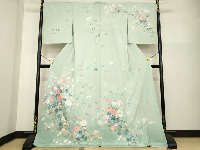 平和屋着物●十日町友禅作家　松雨　訪問着　草花文　正絹　逸品　AABG3675ck