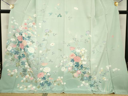 平和屋着物●十日町友禅作家　松雨　訪問着　草花文　正絹　逸品　AABG3675ck