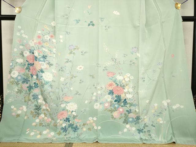 平和屋着物●十日町友禅作家　松雨　訪問着　草花文　正絹　逸品　AABG3675ck