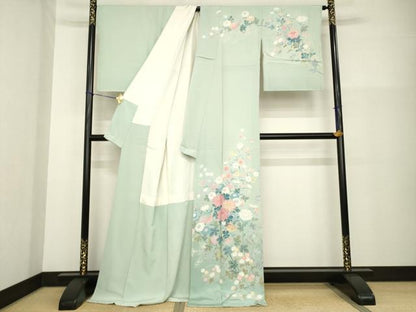 平和屋着物●十日町友禅作家　松雨　訪問着　草花文　正絹　逸品　AABG3675ck
