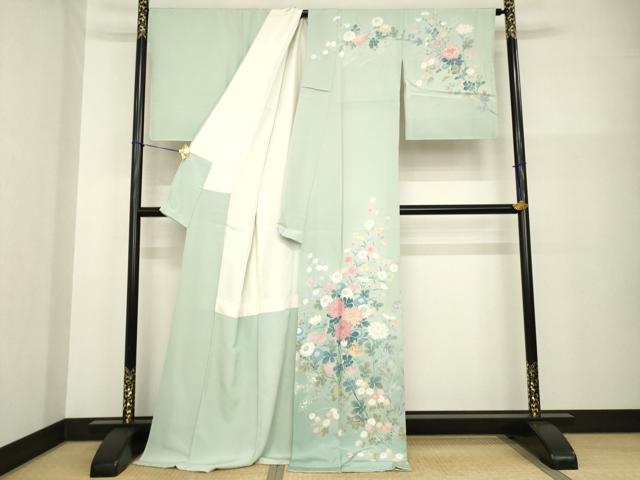 平和屋着物●十日町友禅作家　松雨　訪問着　草花文　正絹　逸品　AABG3675ck
