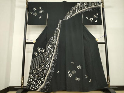 平和屋着物●訪問着　総絞り　舞花文　黒地　正絹　逸品　AABG3683ck