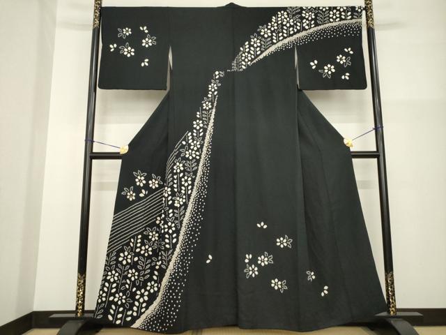 平和屋着物●訪問着　総絞り　舞花文　黒地　正絹　逸品　AABG3683ck