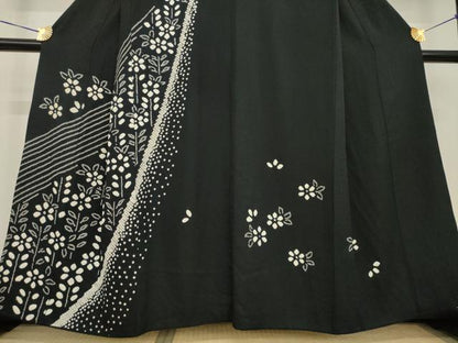平和屋着物●訪問着　総絞り　舞花文　黒地　正絹　逸品　AABG3683ck