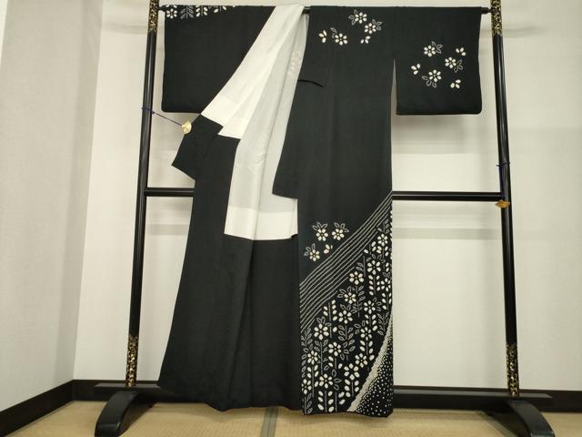 平和屋着物●訪問着　総絞り　舞花文　黒地　正絹　逸品　AABG3683ck