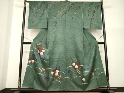 平和屋着物●森英恵・HANAE MORI　訪問着　雪輪花蝶文　芝　金彩　金通し地　正絹　逸品　AABG3684ck