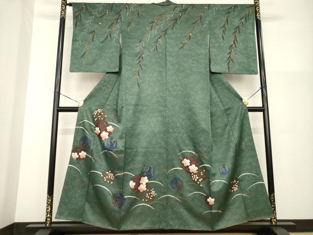 平和屋着物●森英恵・HANAE MORI　訪問着　雪輪花蝶文　芝　金彩　金通し地　正絹　逸品　AABG3684ck