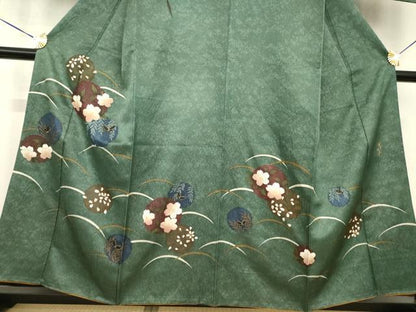 平和屋着物●森英恵・HANAE MORI　訪問着　雪輪花蝶文　芝　金彩　金通し地　正絹　逸品　AABG3684ck