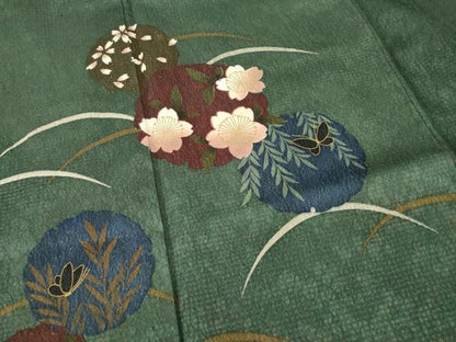 平和屋着物●森英恵・HANAE MORI　訪問着　雪輪花蝶文　芝　金彩　金通し地　正絹　逸品　AABG3684ck