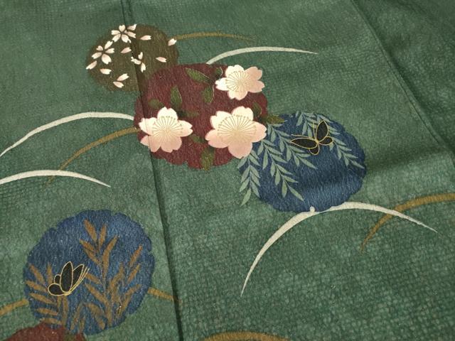 平和屋着物●森英恵・HANAE MORI　訪問着　雪輪花蝶文　芝　金彩　金通し地　正絹　逸品　AABG3684ck