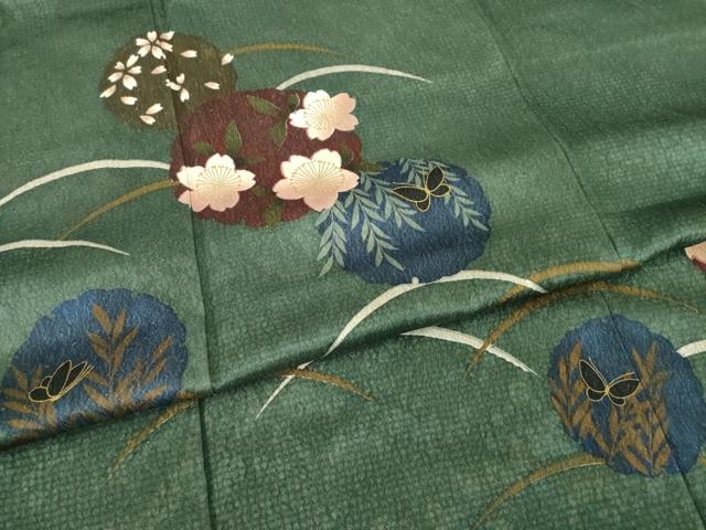 平和屋着物●森英恵・HANAE MORI　訪問着　雪輪花蝶文　芝　金彩　金通し地　正絹　逸品　AABG3684ck