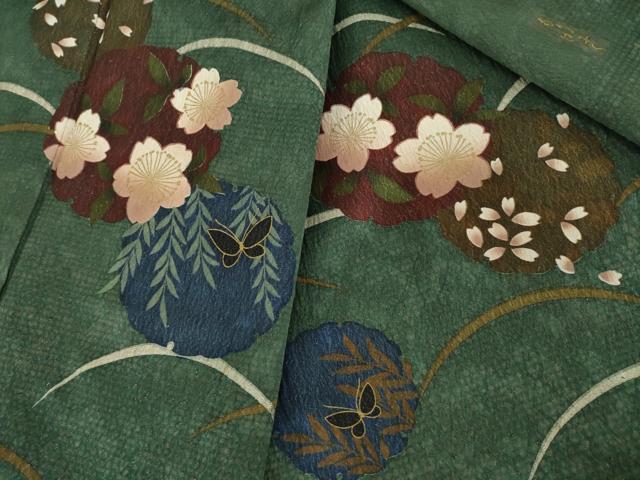 平和屋着物●森英恵・HANAE MORI　訪問着　雪輪花蝶文　芝　金彩　金通し地　正絹　逸品　AABG3684ck