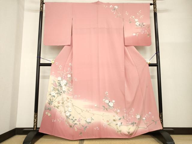 平和屋着物●訪問着　友禅　作家物　枝花文　暈し染め　丹後ちりめん　反端付き　正絹　逸品　AABG3692ck