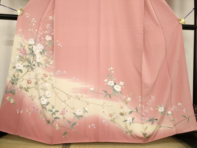 平和屋着物●訪問着　友禅　作家物　枝花文　暈し染め　丹後ちりめん　反端付き　正絹　逸品　AABG3692ck