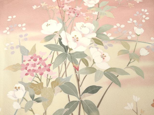 平和屋着物●訪問着　友禅　作家物　枝花文　暈し染め　丹後ちりめん　反端付き　正絹　逸品　AABG3692ck