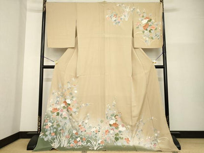 平和屋着物●訪問着　友禅　草花文　暈し染め　金彩　ロング丈　正絹　逸品　未使用　AABG3694ck