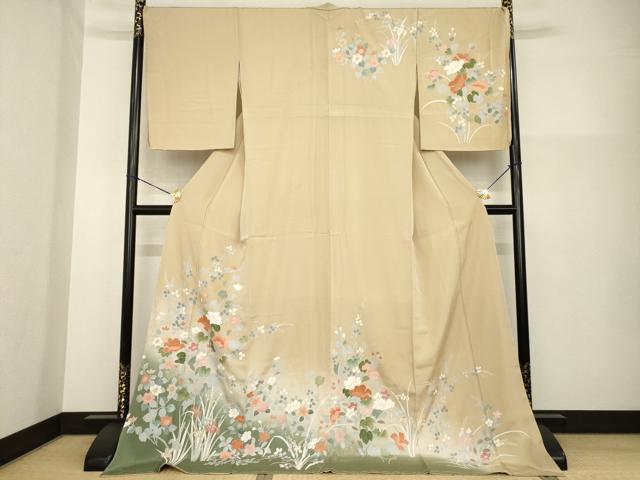 平和屋着物●訪問着　友禅　草花文　暈し染め　金彩　ロング丈　正絹　逸品　未使用　AABG3694ck