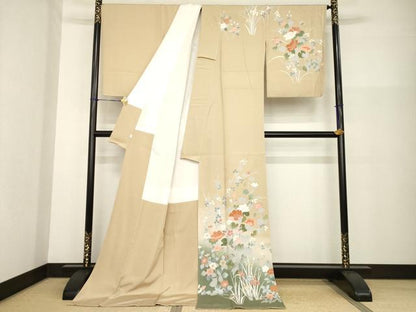 平和屋着物●訪問着　友禅　草花文　暈し染め　金彩　ロング丈　正絹　逸品　未使用　AABG3694ck