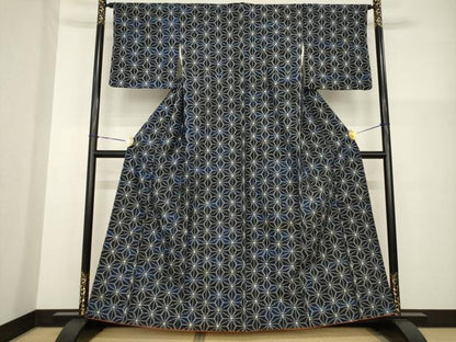 平和屋着物●上質な紬　麻の葉文様　正絹　逸品　AABG3703ck
