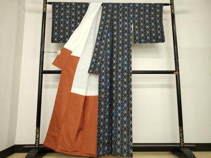 平和屋着物●上質な紬　麻の葉文様　正絹　逸品　AABG3703ck