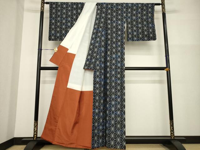 平和屋着物●上質な紬　麻の葉文様　正絹　逸品　AABG3703ck