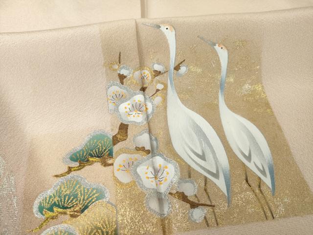 平和屋着物▼豪華色留袖　手描き　群れ鶴松文　金銀彩　正絹　逸品　AABG3706ck