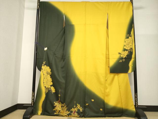 平和屋着物●豪華振袖　山車花文　暈し染め　金通し地　正絹　逸品　AABG3715ck