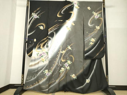 平和屋着物●豪華振袖　流水花文　暈し染め　黒地　金銀彩　正絹　逸品　AABG3716ck