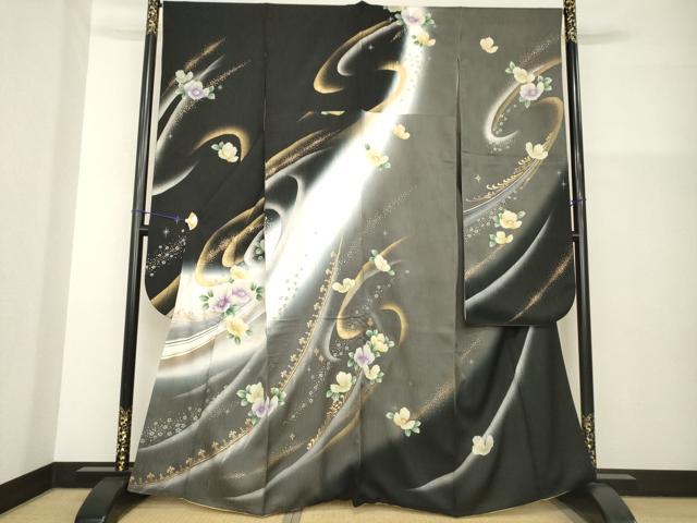平和屋着物●豪華振袖　流水花文　暈し染め　黒地　金銀彩　正絹　逸品　AABG3716ck
