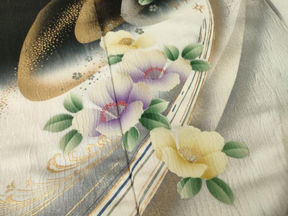平和屋着物●豪華振袖　流水花文　暈し染め　黒地　金銀彩　正絹　逸品　AABG3716ck