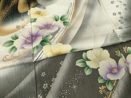 平和屋着物●豪華振袖　流水花文　暈し染め　黒地　金銀彩　正絹　逸品　AABG3716ck