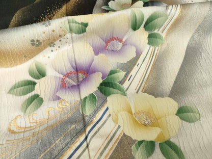 平和屋着物●豪華振袖　流水花文　暈し染め　黒地　金銀彩　正絹　逸品　AABG3716ck