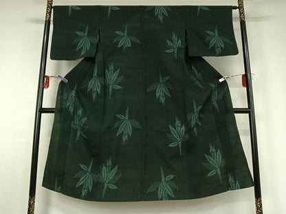 平和屋着物▽上質な紬　単衣　笹竹文　正絹　逸品　AABG3737jh