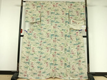 平和屋着物▽上質な小紋 単衣 本流紅型染 風景花文 鬼しぼ縮緬 反端付き 正絹 逸品 AABG3740jh