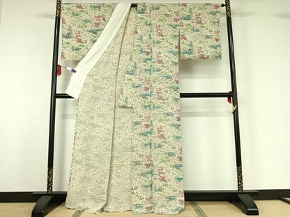 平和屋着物▽上質な小紋 単衣 本流紅型染 風景花文 鬼しぼ縮緬 反端付き 正絹 逸品 AABG3740jh
