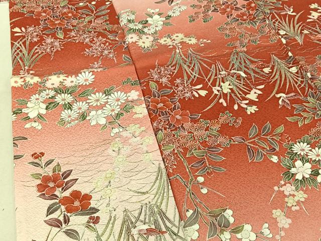 平和屋着物▽上質な小紋 単衣 草花文 暈し染め 金彩 正絹 逸品 AABG3741jh