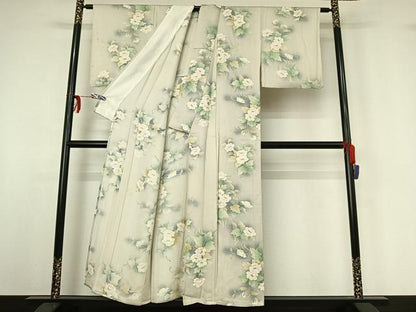 平和屋着物▽上質な小紋 単衣 手描き 草花文 暈し染め 金彩 正絹 逸品 AABG3749jh
