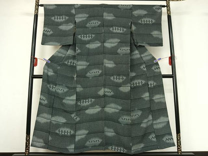 平和屋着物▽上質な小紋 単衣 幾何学文様 黒地 正絹 逸品 AABG3752jh