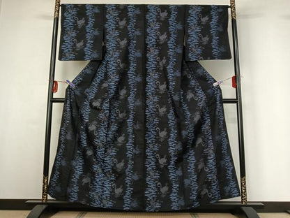 平和屋着物▽上質な紬 単衣 流水文 鳥 正絹 逸品 AABG3758jh