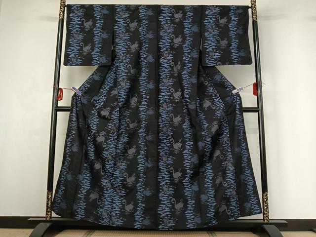 平和屋着物▽上質な紬 単衣 流水文 鳥 正絹 逸品 AABG3758jh