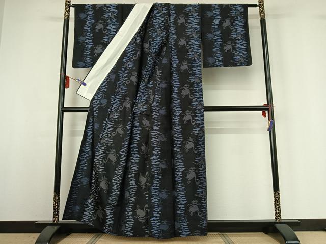 平和屋着物▽上質な紬 単衣 流水文 鳥 正絹 逸品 AABG3758jh