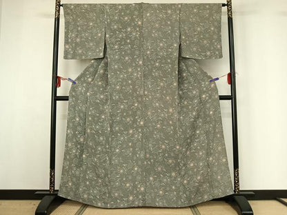 平和屋着物▽上質な小紋 単衣 型染め 草花文 鬼しぼ縮緬 正絹 逸品 未使用 AABG3760jh