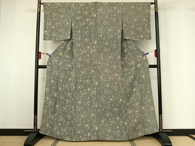 平和屋着物▽上質な小紋 単衣 型染め 草花文 鬼しぼ縮緬 正絹 逸品 未使用 AABG3760jh