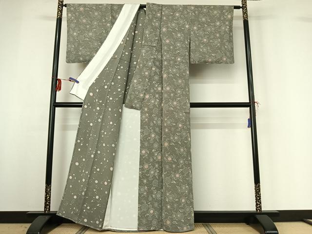 平和屋着物▽上質な小紋 単衣 型染め 草花文 鬼しぼ縮緬 正絹 逸品 未使用 AABG3760jh