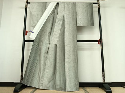 平和屋着物▽ぜんまい紬 単衣 縞 正絹 逸品 AABG3765jh