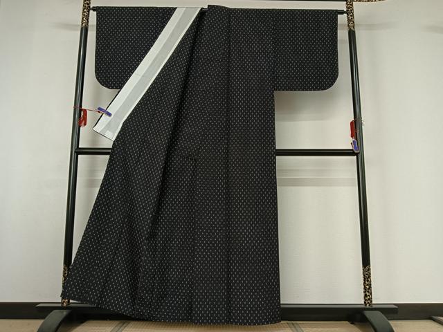 平和屋着物▽上質な紬 単衣 十字絣 黒地 正絹 逸品 AABG3771jh