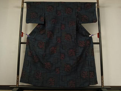平和屋着物▽上質な紬　単衣　色紙重ね源氏車文　正絹　逸品　AABG3772jh