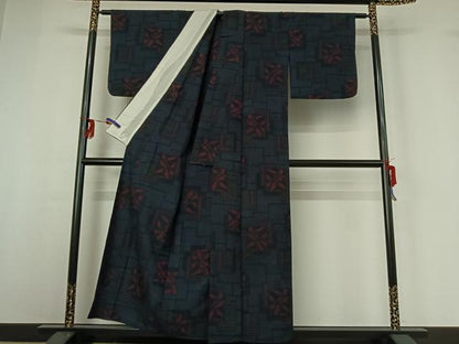 平和屋着物▽上質な紬　単衣　色紙重ね源氏車文　正絹　逸品　AABG3772jh